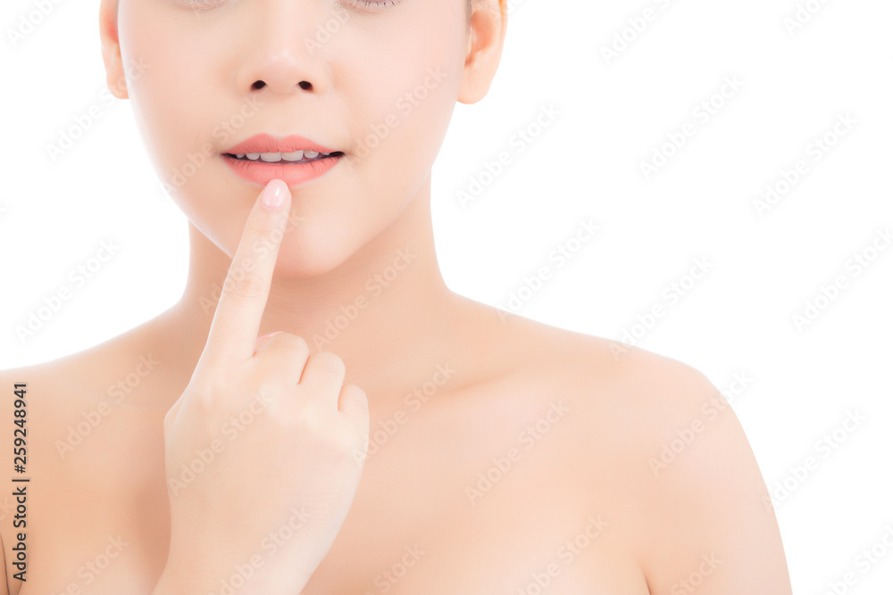 Portrait beautiful woman asian makeup of cosmetic, girl hand touch lips and mouth and smile attractive, face of beauty perfect with wellness isolated on white background with skin healthcare concept. Portrait beautiful woman asian makeup of cosmetic, girl hand touch lips and mouth and smile attractive, face of beauty perfect with wellness isolated on white background with skin healthcare concept.