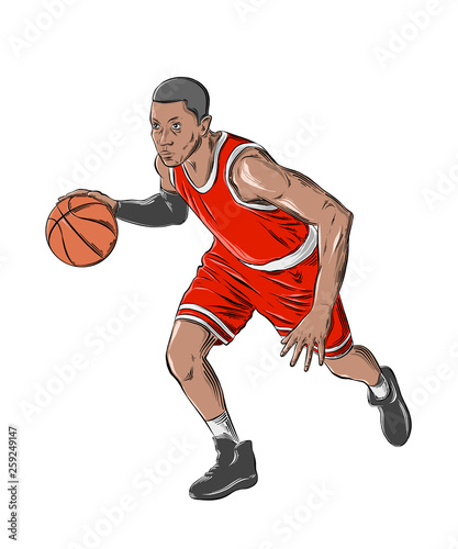 Hand drawn sketch of basketball player in color, isolated on white background. Detailed vintage style drawing. Vector illustration