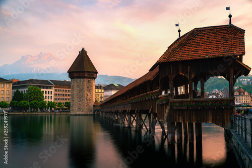Beautiful historic city center of Lucerne with famous Chapel Bridge and lake Lucerne in Lucerne, Switzerland