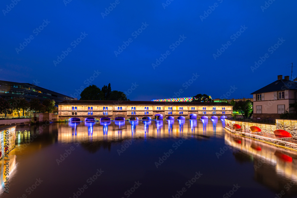 Night view of  Barrage Vauban in Strasbourg, France.