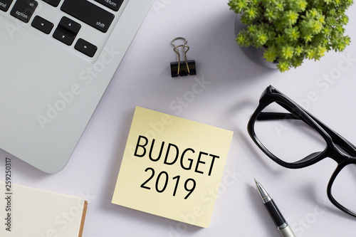 Top view of office desktop with Budget 2019 Concept photo