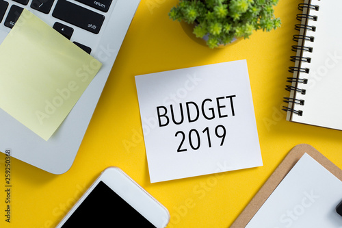 Top view of office desktop with Budget 2019 Concept photo