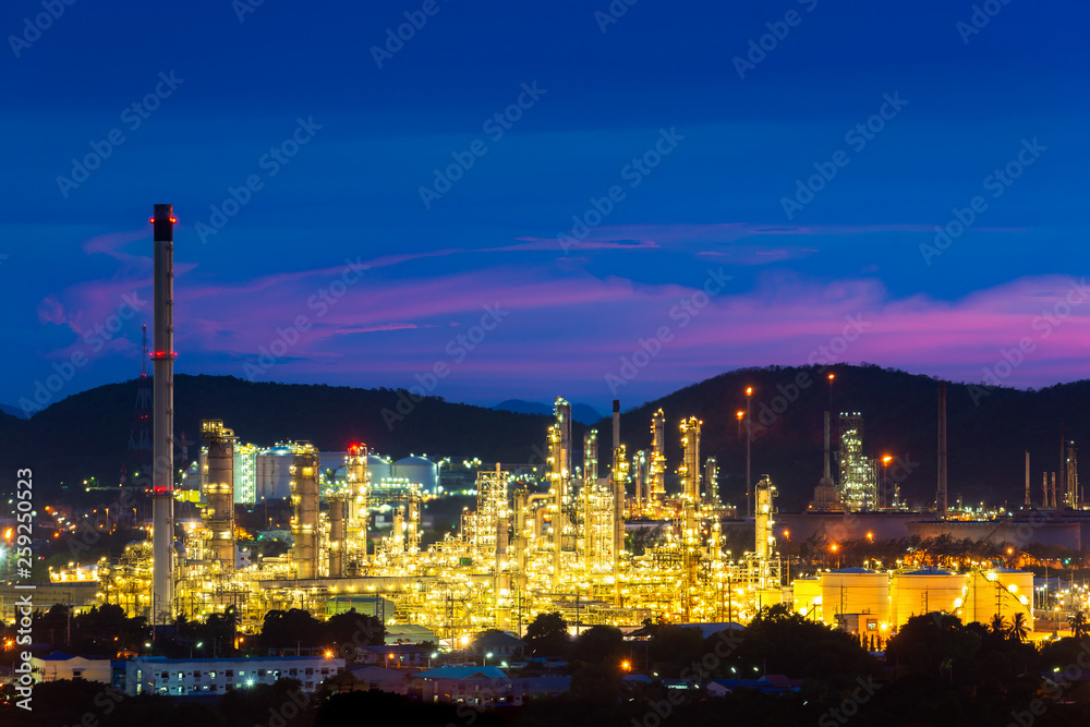 Aerial view of Oil and gas industry - refinery at twilight