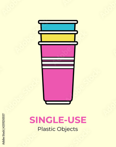 Single-use colored plastic cups. Vector illustration of recycling plastic item. Disposable plastic cup. Isolated pink, blue cup flat logo for ecological poster, postcard, banner. Single-use plastic.