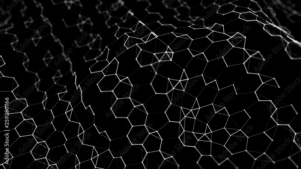 Fototapeta premium Futuristic black hexagon background. Futuristic honeycomb concept. Wave of particles. 3D rendering. Data technology background