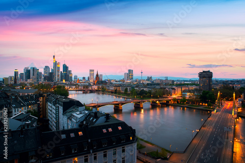 Cityscape image of Frankfurt am Main skyline during beautiful sunset.