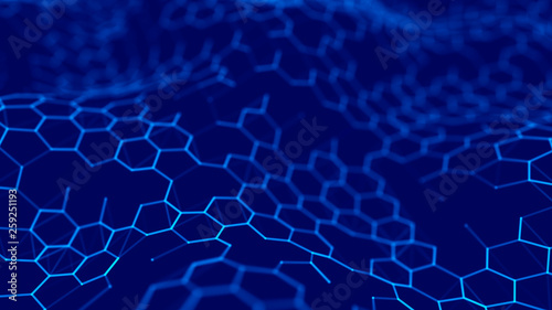 Futuristic blue hexagon background. Futuristic honeycomb concept. Wave of particles. 3D rendering. Data technology background