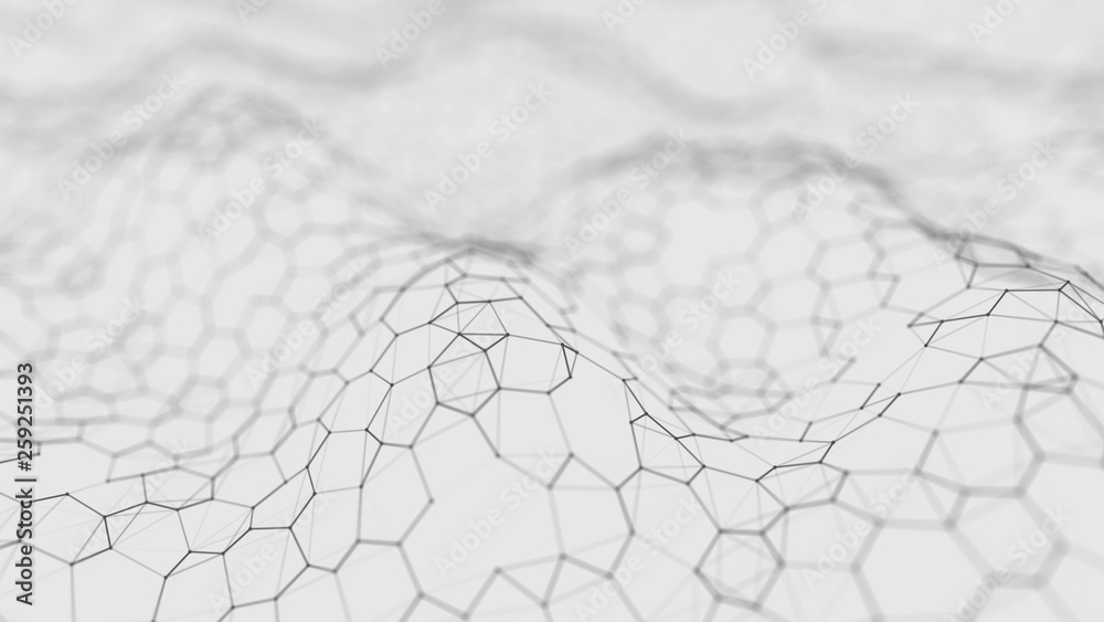 Futuristic white hexagon background. Futuristic honeycomb concept. Wave of particles. 3D rendering. Data technology background