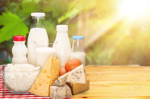 Dairy products collection on green light background