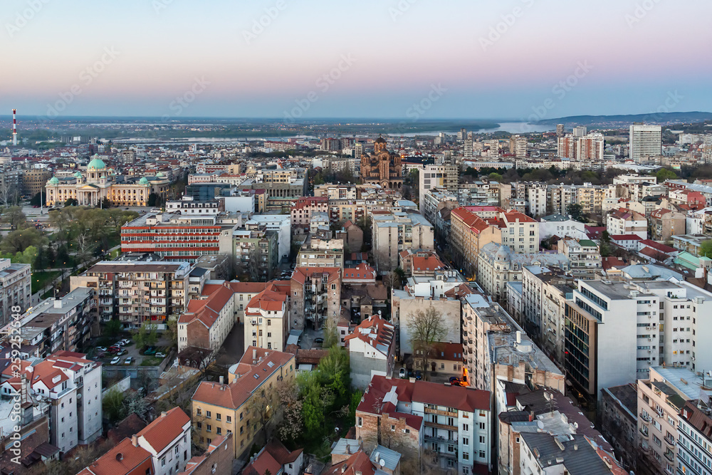 Belgrade, Serbia March 31, 2019: Panorama of Belgrade. The photo shows  the Belgrade municipality of Palilula, Danube river, National Assembly of the Republic of Serbia and St. Mark's Church.