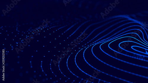 Wave 3d. Wave of particles. 3D glowing abstract digital particles background. Data technology illustration. Big data visualization. 3d rendering.