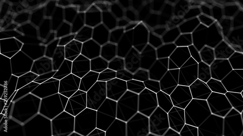 Futuristic black hexagon background. Futuristic honeycomb concept. Wave of particles. 3D rendering. Data technology background