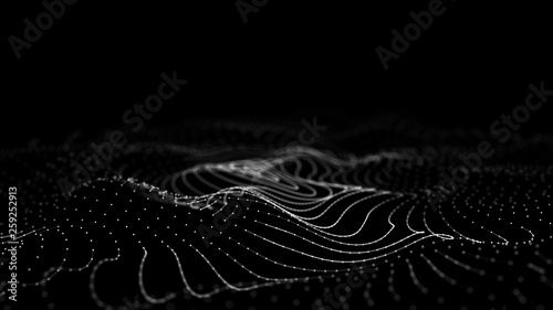 Wave 3d. Wave of particles. 3D glowing abstract digital particles background. Data technology illustration. Big data visualization. 3d rendering.