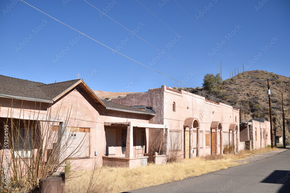 Miami, Arizona. U.S.A. January 30, 2018.  Arizona copper mining ghost-town in ruins: boom 1910 to bust 1950s.  Time, weather, fire and vandalism brought blight that shuttered Miami’s buildings, homes 