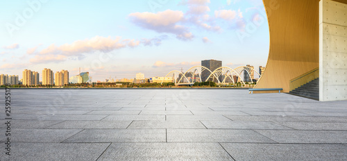 Canvas Print Empty square floor and city skyline panorama with bridge construction in shangha