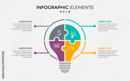 Vector idea light bulb circle infographic template for graphs, charts, diagrams. Business concept with 5 options, parts, steps, processes. - Vector
