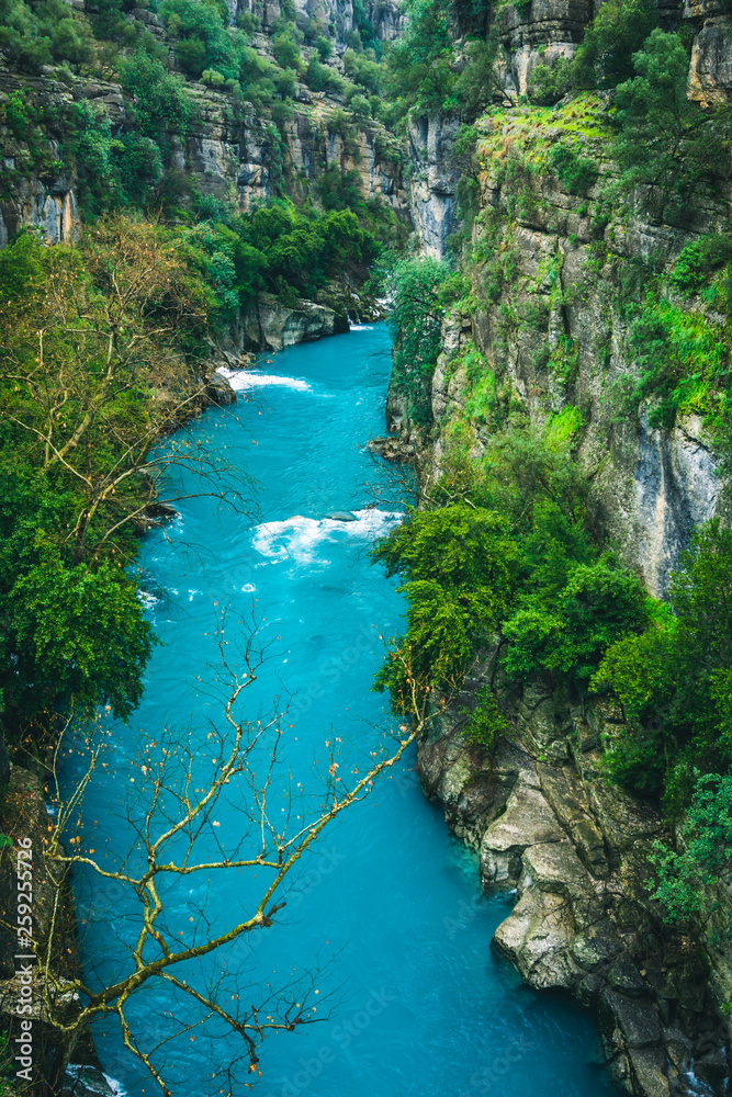 Impressive turquoise river landscape from Koprulu Canyon National Park in Manavgat, Antalya, Turkey. Koprucay.