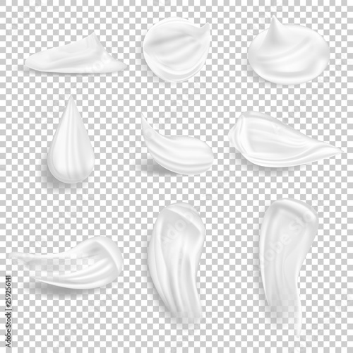Set of cosmetic white cream texture. Sunscreen white cream strokes or sun protection gel drops.