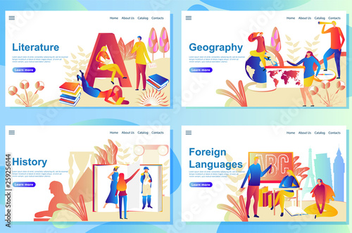 Set of web page design templates for subject in school. Literature, Geography, History and Foreign languages.