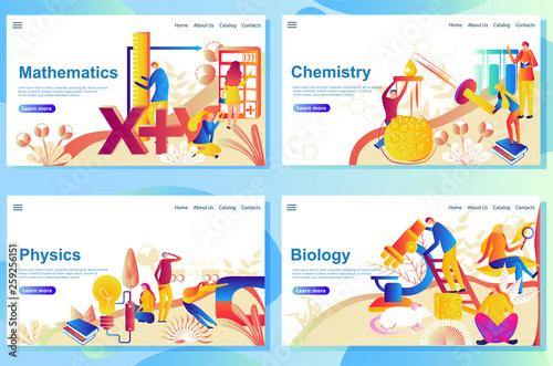 Set of web page design templates for subject in school. mathematics, chemisry, physics and biology.