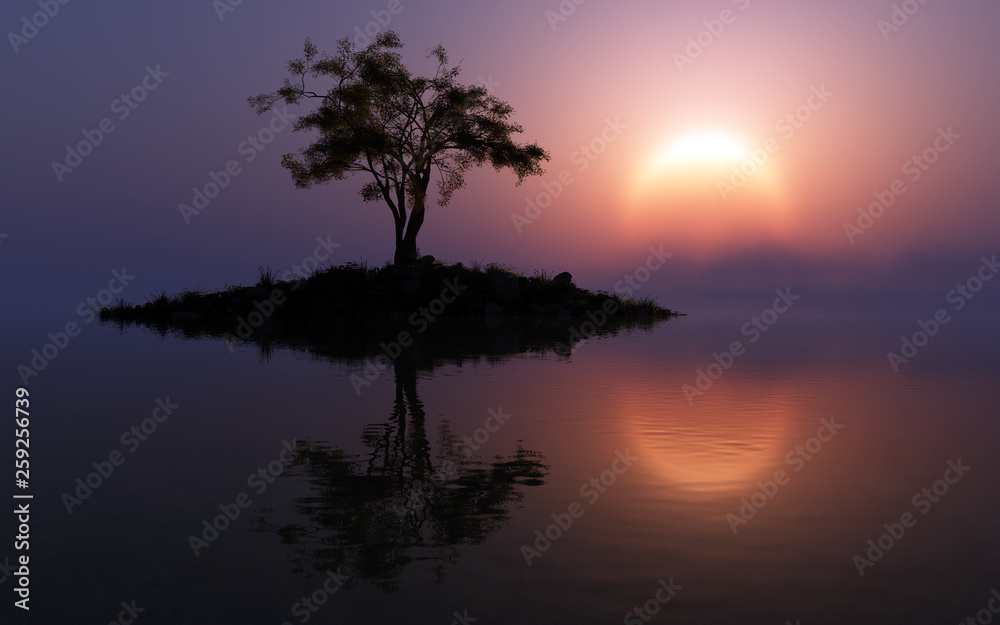 fantasy sunset on the lake with small island and desolated tree fantasy sunset on the lake with small island and desolated tree