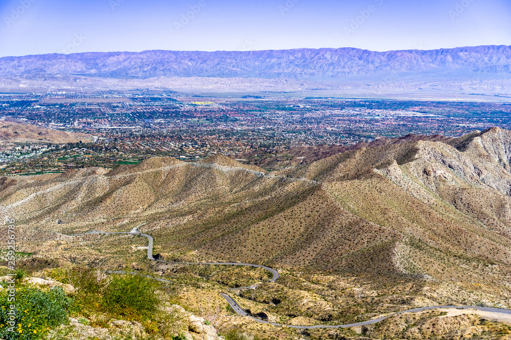 Aerial view of Coachella Valley and the road leading to it, California - obrazy, fototapety, plakaty 