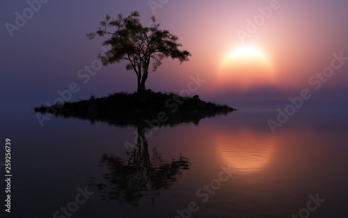fantasy sunset on the lake with small island and desolated tree