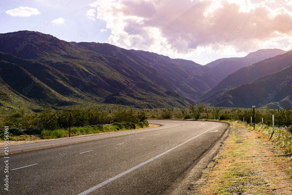 Fototapeta premium Driving through Anza Borrego Desert State Park at sunset, Borrego Springs, California