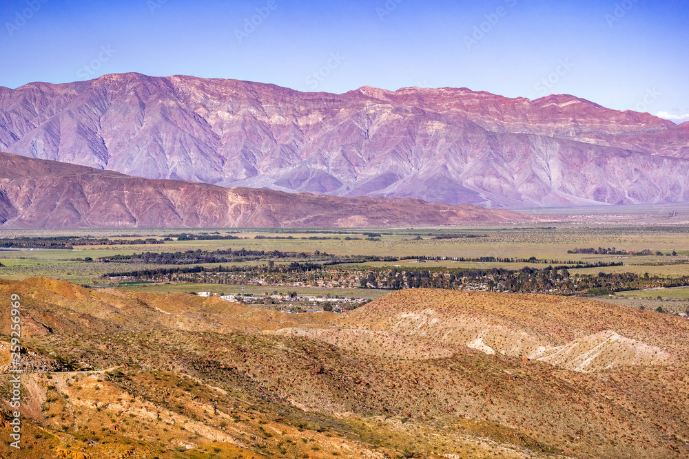 Aerial view of Borrego Springs and Anza Borrego Desert State Park during spring, south California