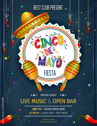 Cinco De Mayo invitation design for celebration of the Mexican holiday.