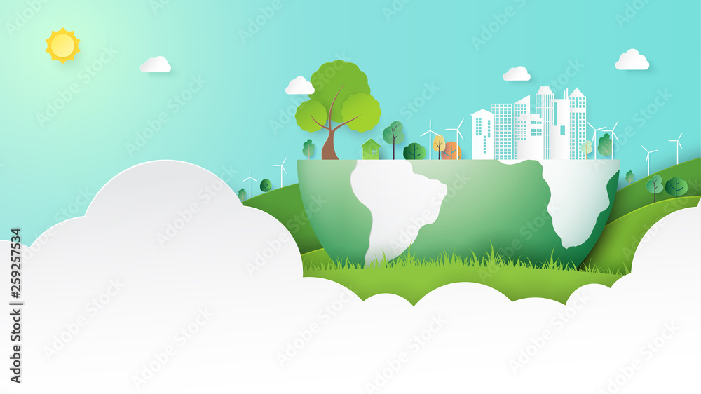 Green nature landscape and eco city background template paper art style ...