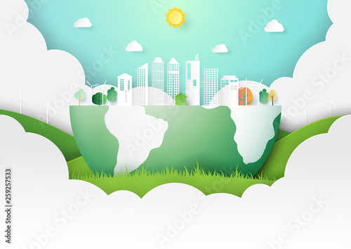 Paper art of nature landscape concept with save the earth and green eco city template background.Ecology and environment conservation concept.Vector illustration.