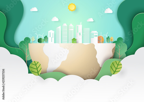 Green abstract nature landscape and eco city background template paper art style.Ecology and environment conservation creative idea concept.Vector illustration.