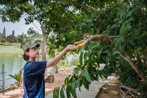 young woman feeding squirrel monkey with nuts