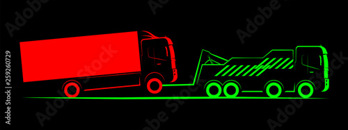 tow truck for truck with partial loading simple sketchy side view on black background