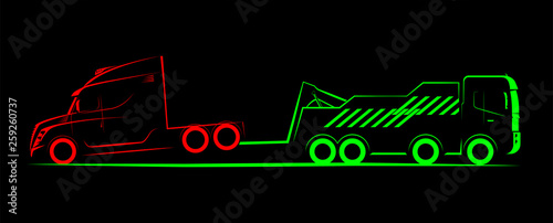 tow truck for truck with partial loading simple sketchy side view on black background