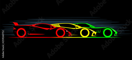 three stylized simple drawing sport super cars coupe side view