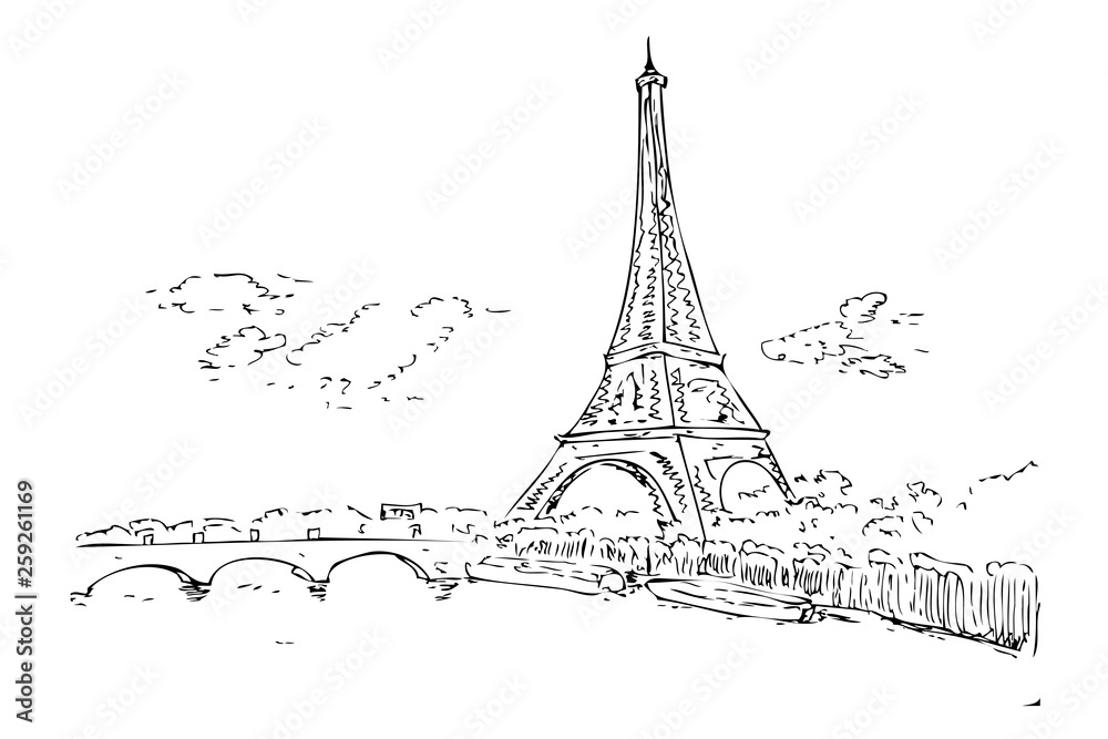Fototapeta Szczegół Czarno-biały szkic ręczny Wieża Eiffla chmura i brama w Paryżu