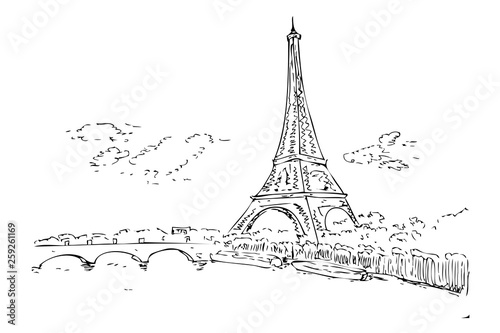 Fototapeta Naklejka Na Ścianę i Meble -  Detail Black and white Manual Sketch Eiffel Tower cloud and gate at Paris