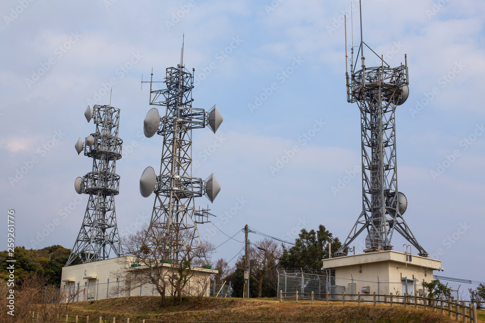 Broadcast relay station antennas at rising. towers