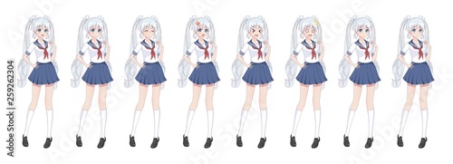 Anime manga schoolgirl in sailor suit, blue skirt