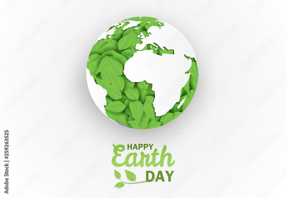 Happy earth day . Ecology concept, Design with leaves in the globe on white background . paper art style. Vector. Happy earth day . Ecology concept, Design with leaves in the globe on white background . paper art style. Vector.