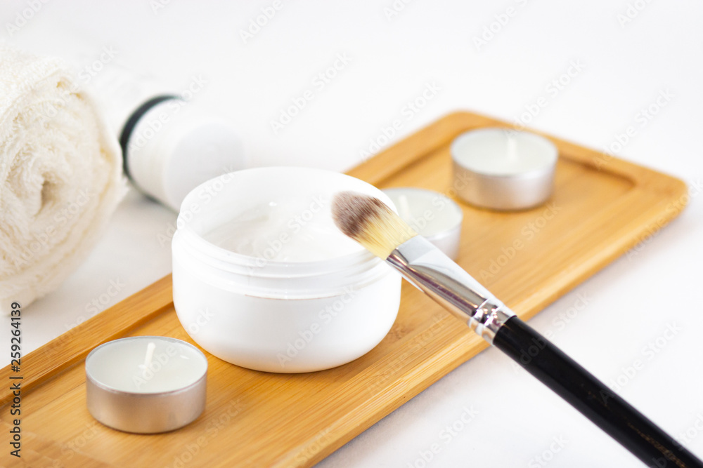 Cosmetics flat lay on white background Cosmetics flat lay on white background