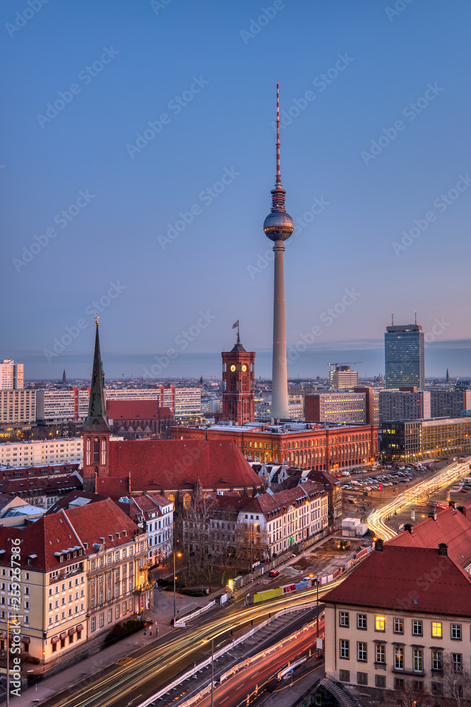 The famous Fernsehturm in Berlin at dawn