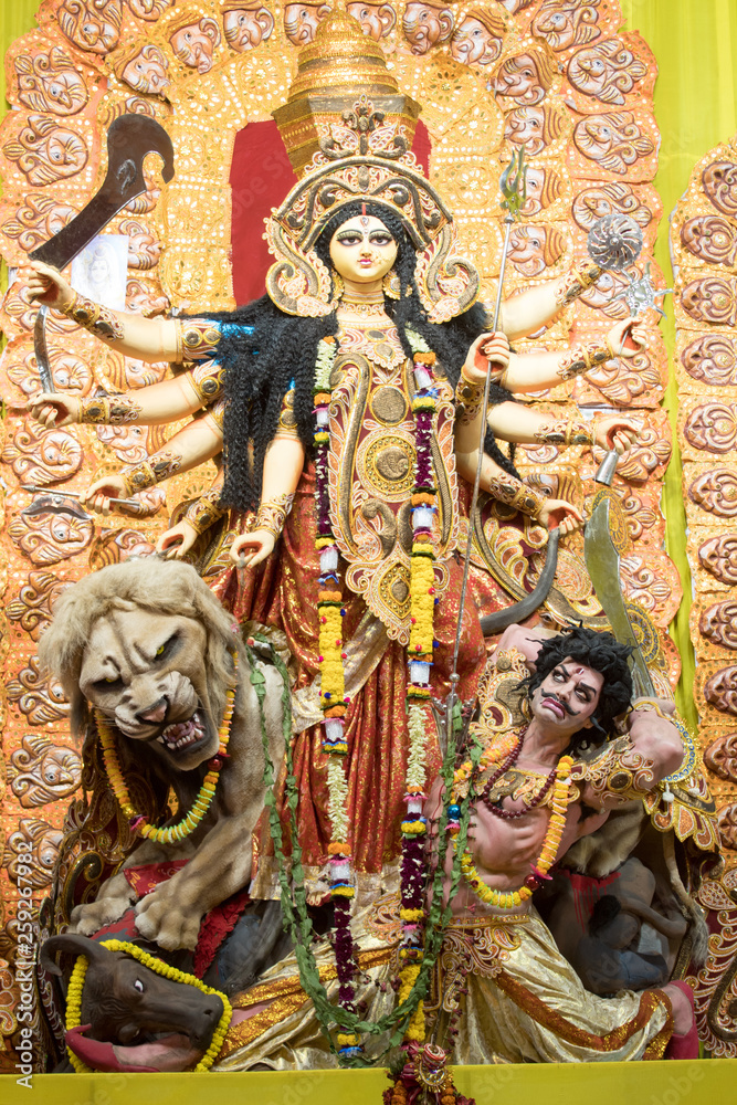 KOLKATA, INDIA - OCTOBER 7, 2016: Potrait Of Goddess Durga idol at a South Kolkata famous Durga puja temple (pandal) on 