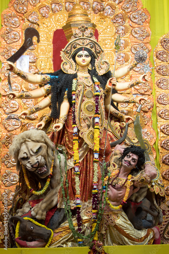 KOLKATA, INDIA - OCTOBER 7, 2016: Potrait Of Goddess Durga idol at a South Kolkata famous Durga puja temple (pandal) on 