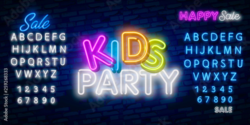 Kids party neon text. Celebration advertisement design. Night bright neon sign, colorful billboard, light banner. Vector illustration in neon style.