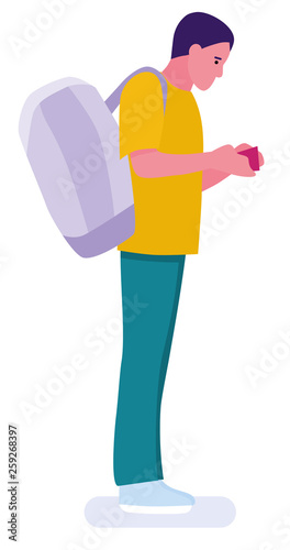 Young man is waiting at the airport for his flight. White background. Vector illustration in a flat cartoon style photo