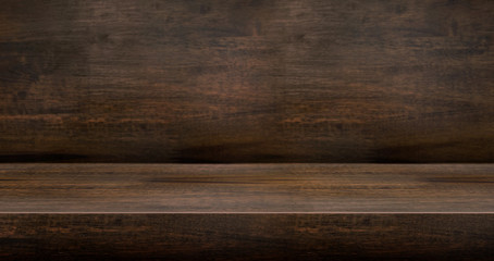 3D dark wood table studio background textured for product display with copy space for display of content design.Banner for advertise product on website.3d rendering