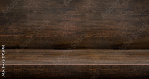 3D dark wood table studio background textured for product display with copy space for display of content design.Banner for advertise product on website.3d rendering